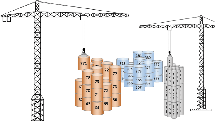 2 cranes piling barrels representing bitcoin miner blocks