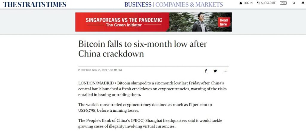 Bitcoin Falls After Chines Crackdown