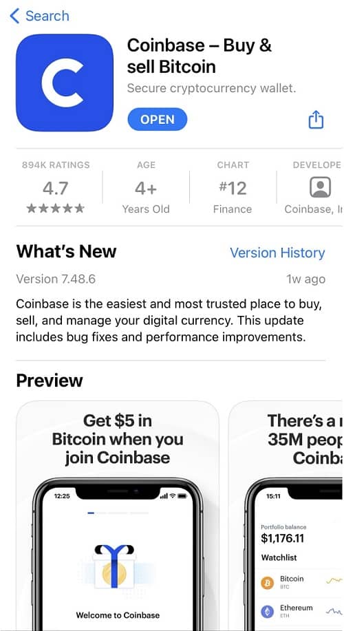 Coinbase in the iOS app store
